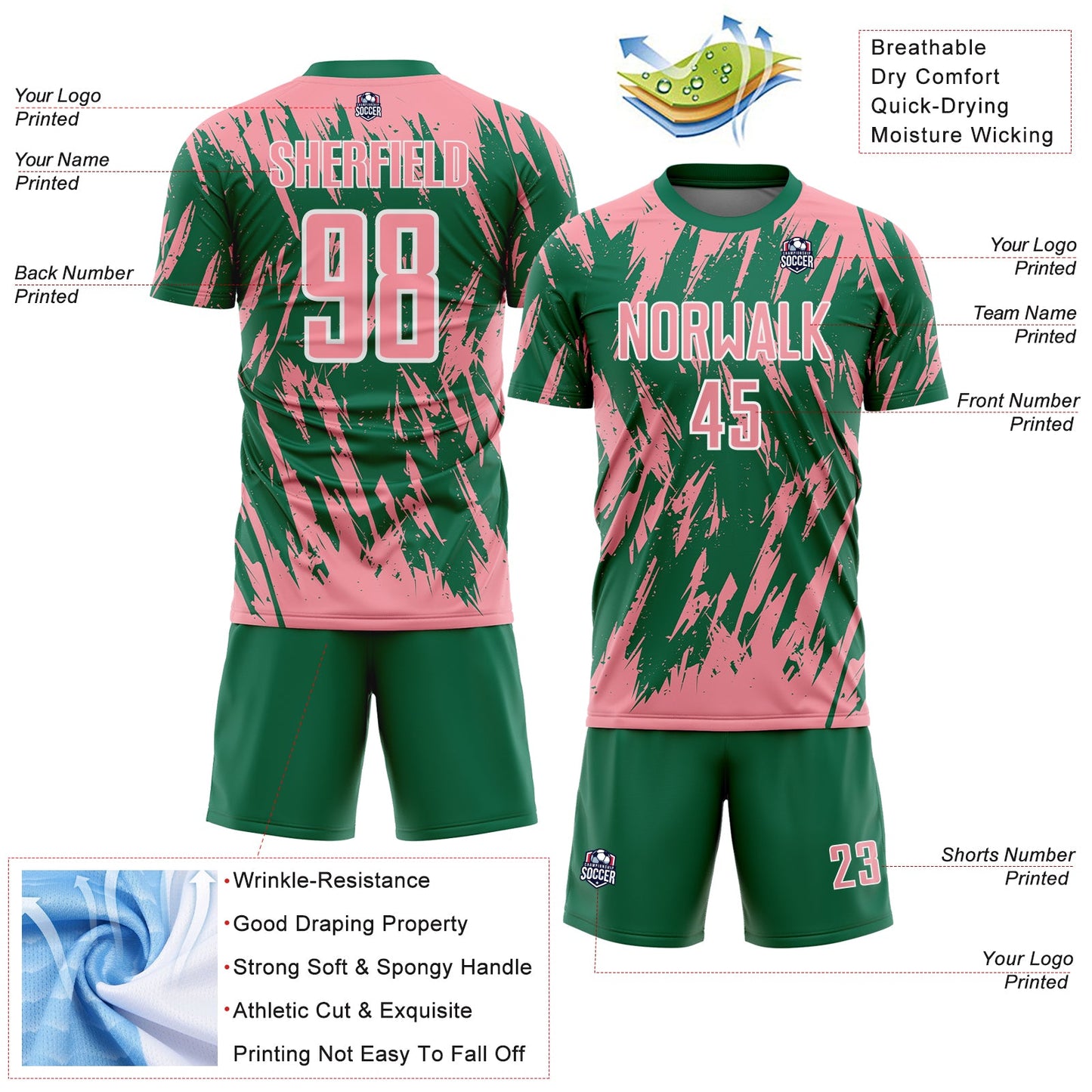 Custom Kelly Green Medium Pink-White Splatter Torn Sharp Brush Stroke Sublimation Soccer Uniform Jersey view 4