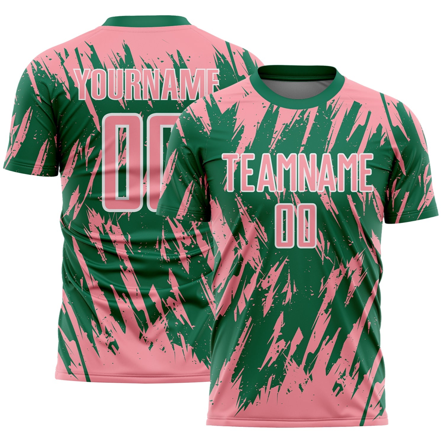 Custom Kelly Green Medium Pink-White Splatter Torn Sharp Brush Stroke Sublimation Soccer Uniform Jersey - Main View