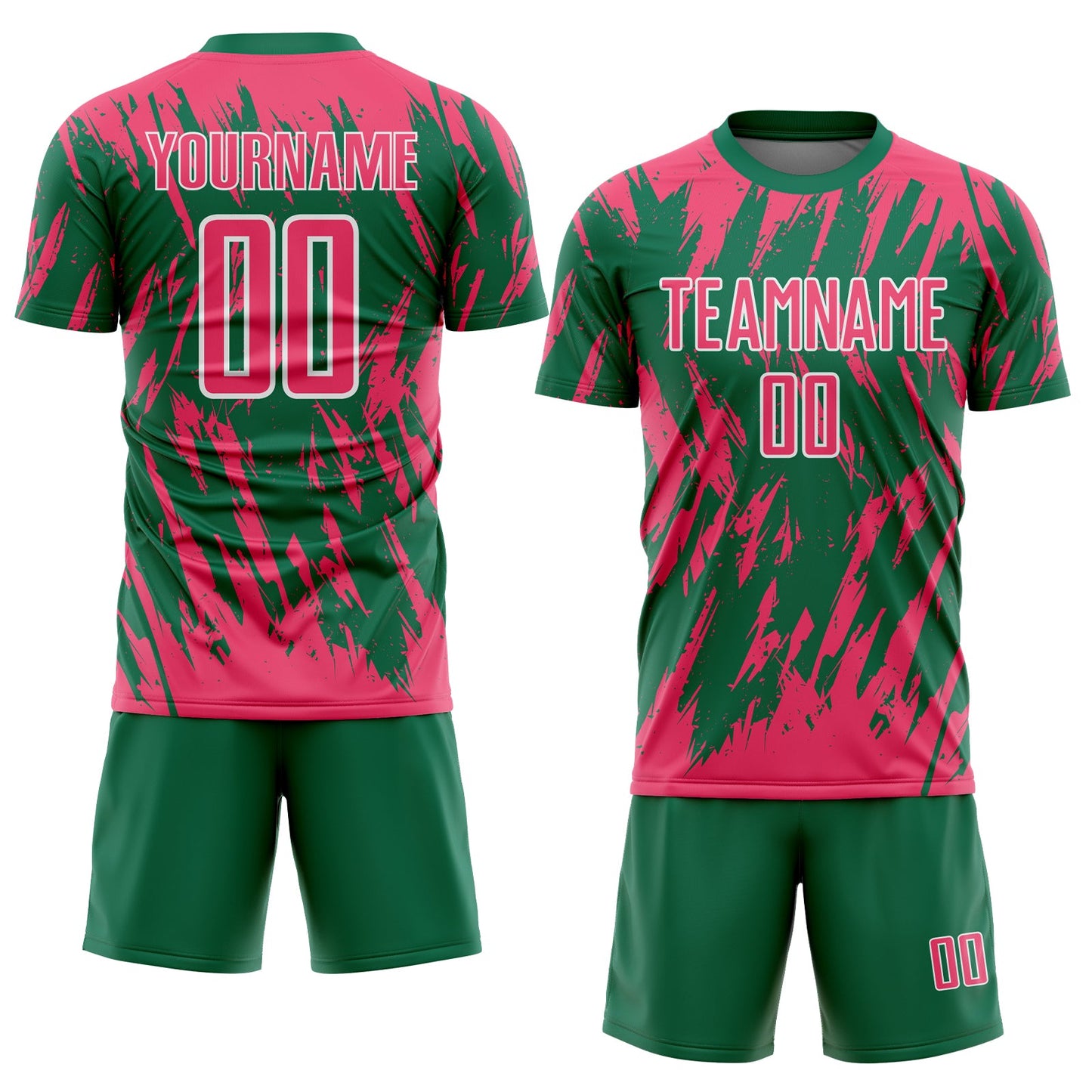 Custom Kelly Green Neon Pink-White Splatter Torn Sharp Brush Stroke Sublimation Soccer Uniform Jersey view 2
