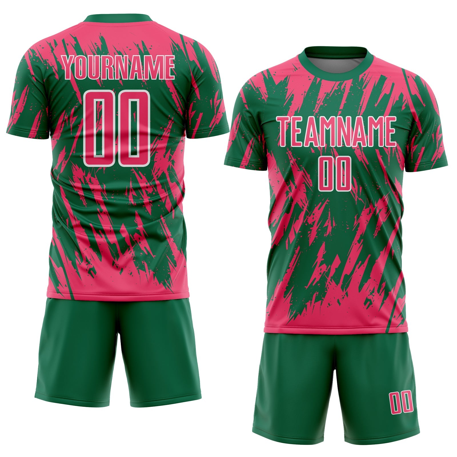 Custom Kelly Green Neon Pink-White Splatter Torn Sharp Brush Stroke Sublimation Soccer Uniform Jersey view 2