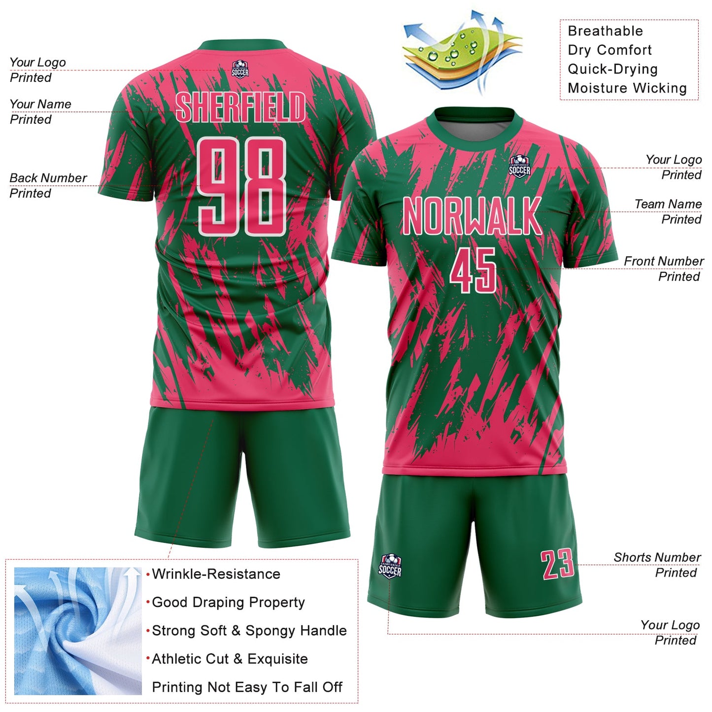 Custom Kelly Green Neon Pink-White Splatter Torn Sharp Brush Stroke Sublimation Soccer Uniform Jersey view 4