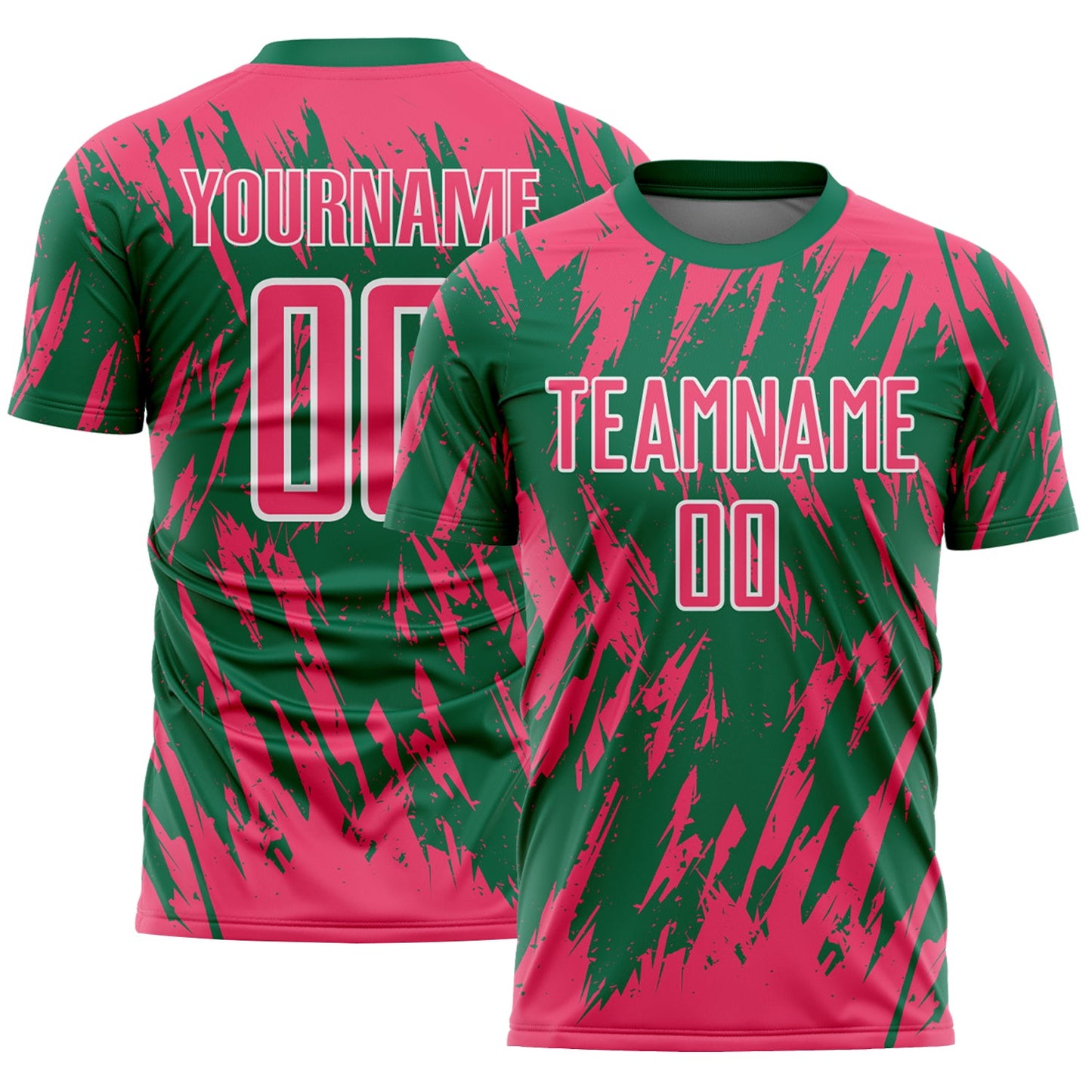 Custom Kelly Green Neon Pink-White Splatter Torn Sharp Brush Stroke Sublimation Soccer Uniform Jersey - Main View