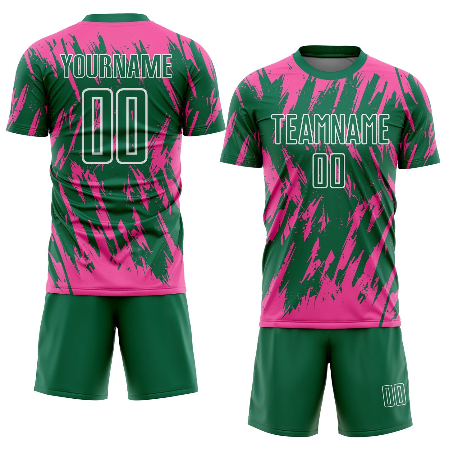 Custom Kelly Green Pink-White Splatter Torn Sharp Brush Stroke Sublimation Soccer Uniform Jersey view 2