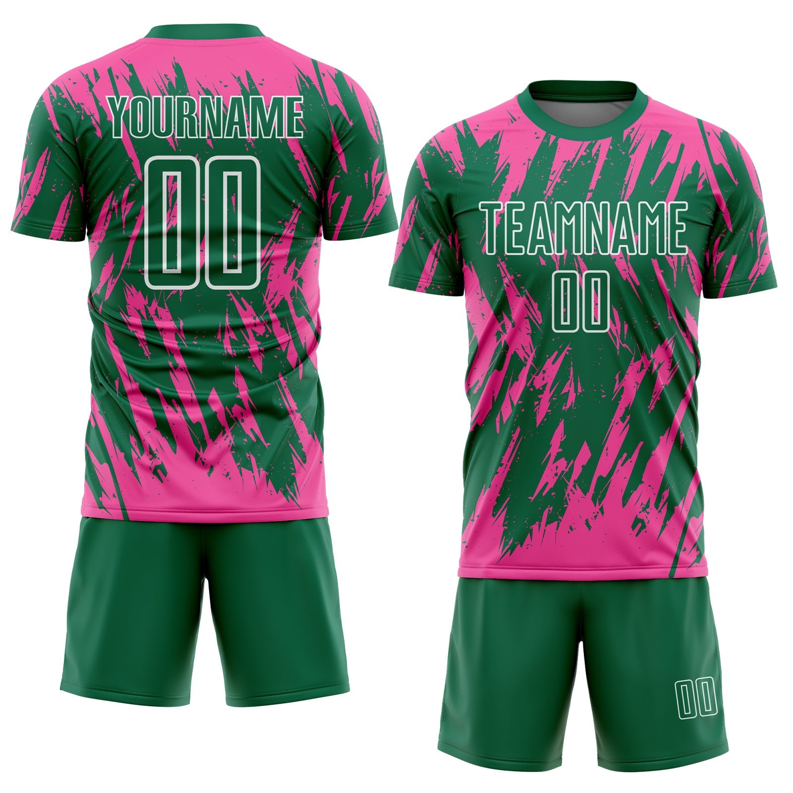 Custom Kelly Green Pink-White Splatter Torn Sharp Brush Stroke Sublimation Soccer Uniform Jersey view 2