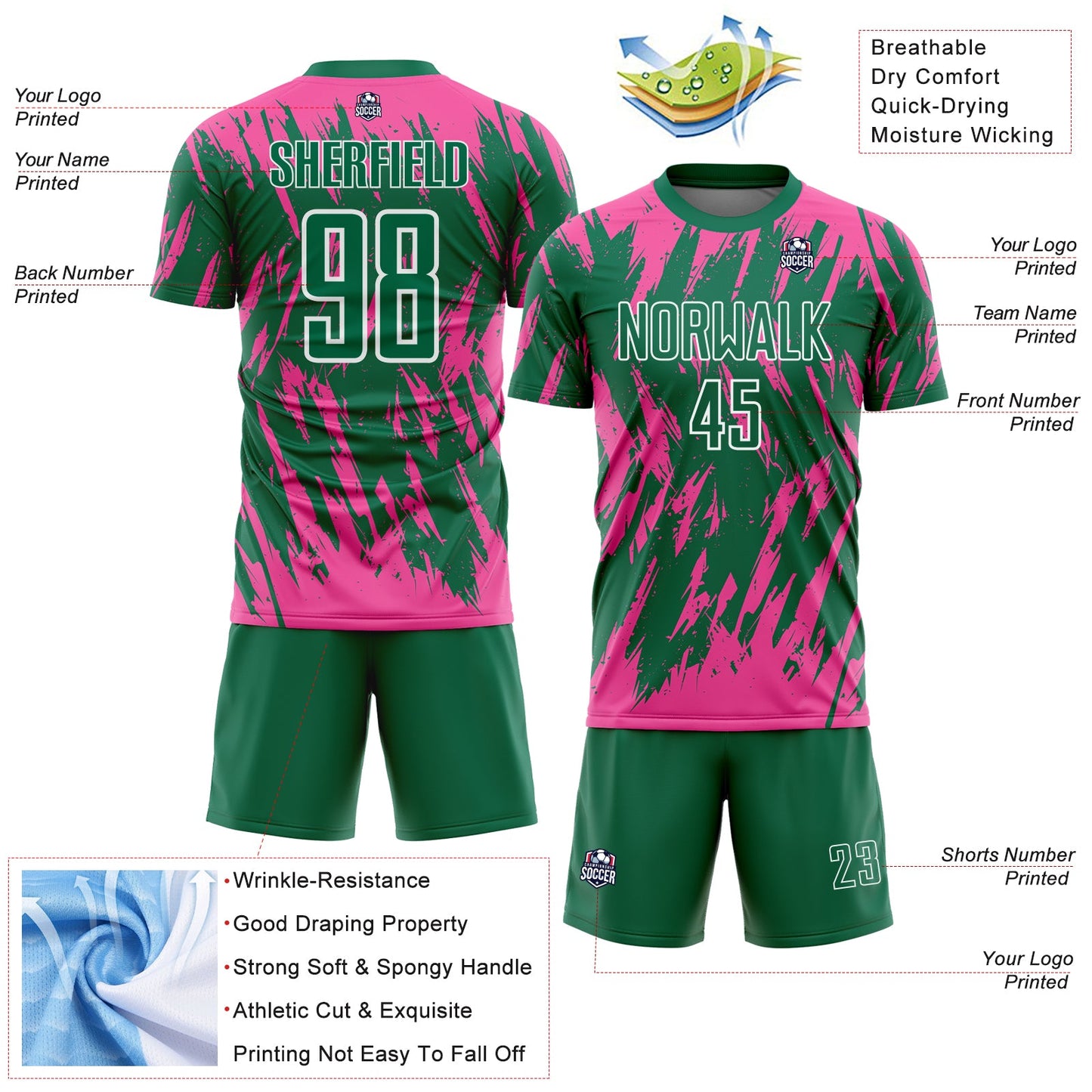 Custom Kelly Green Pink-White Splatter Torn Sharp Brush Stroke Sublimation Soccer Uniform Jersey view 4