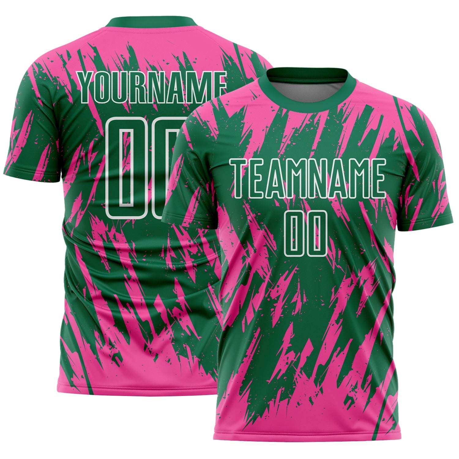 Custom Kelly Green Pink-White Splatter Torn Sharp Brush Stroke Sublimation Soccer Uniform Jersey - Main View