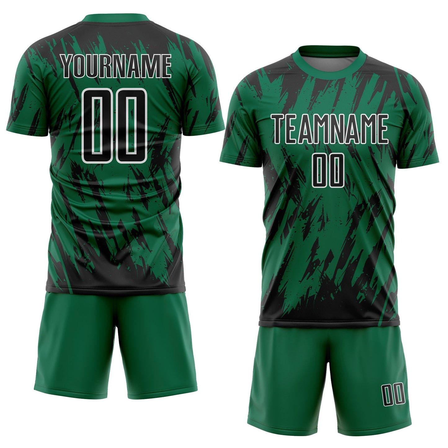 Custom Kelly Green Black-White Splatter Torn Sharp Brush Stroke Sublimation Soccer Uniform Jersey view 2