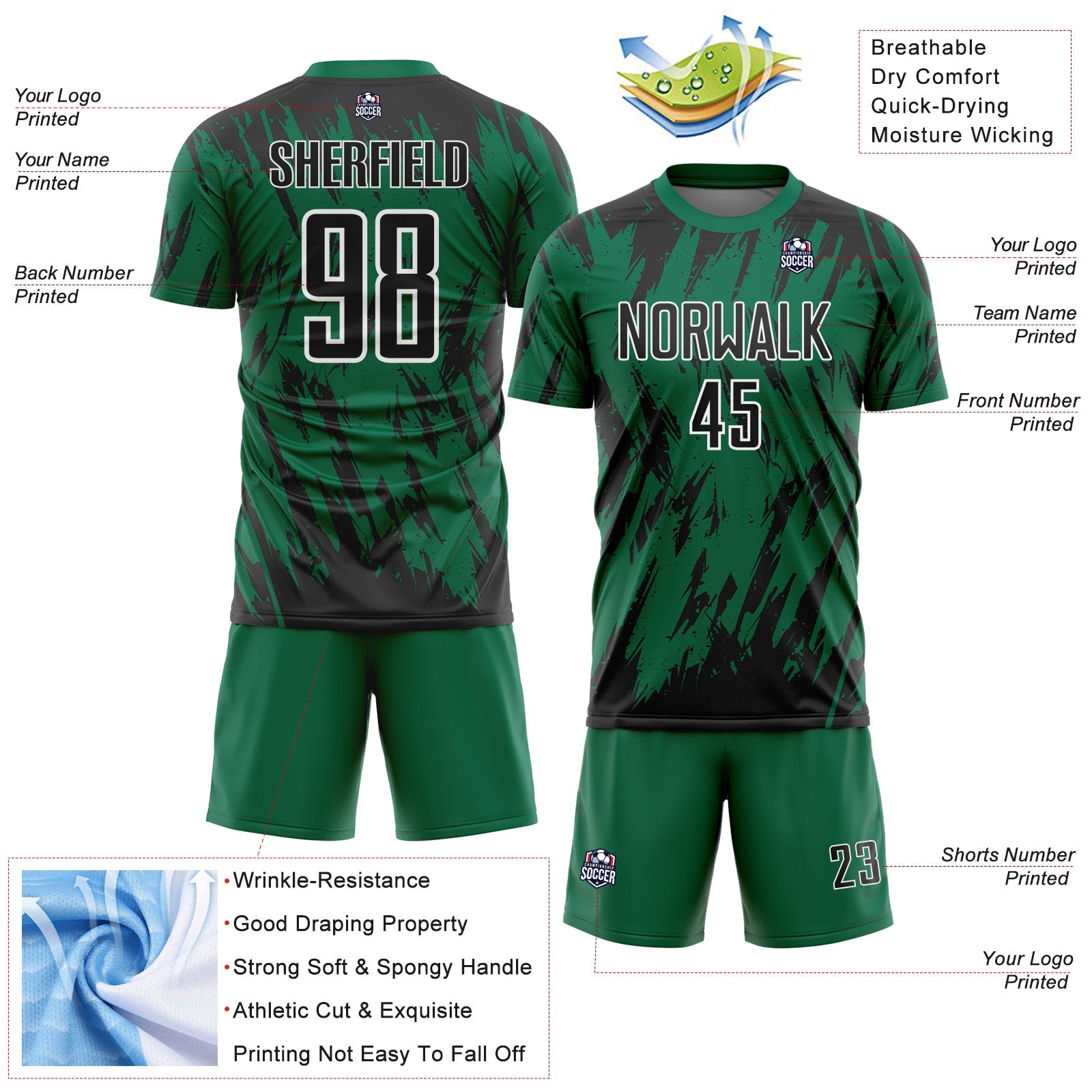 Custom Kelly Green Black-White Splatter Torn Sharp Brush Stroke Sublimation Soccer Uniform Jersey view 4