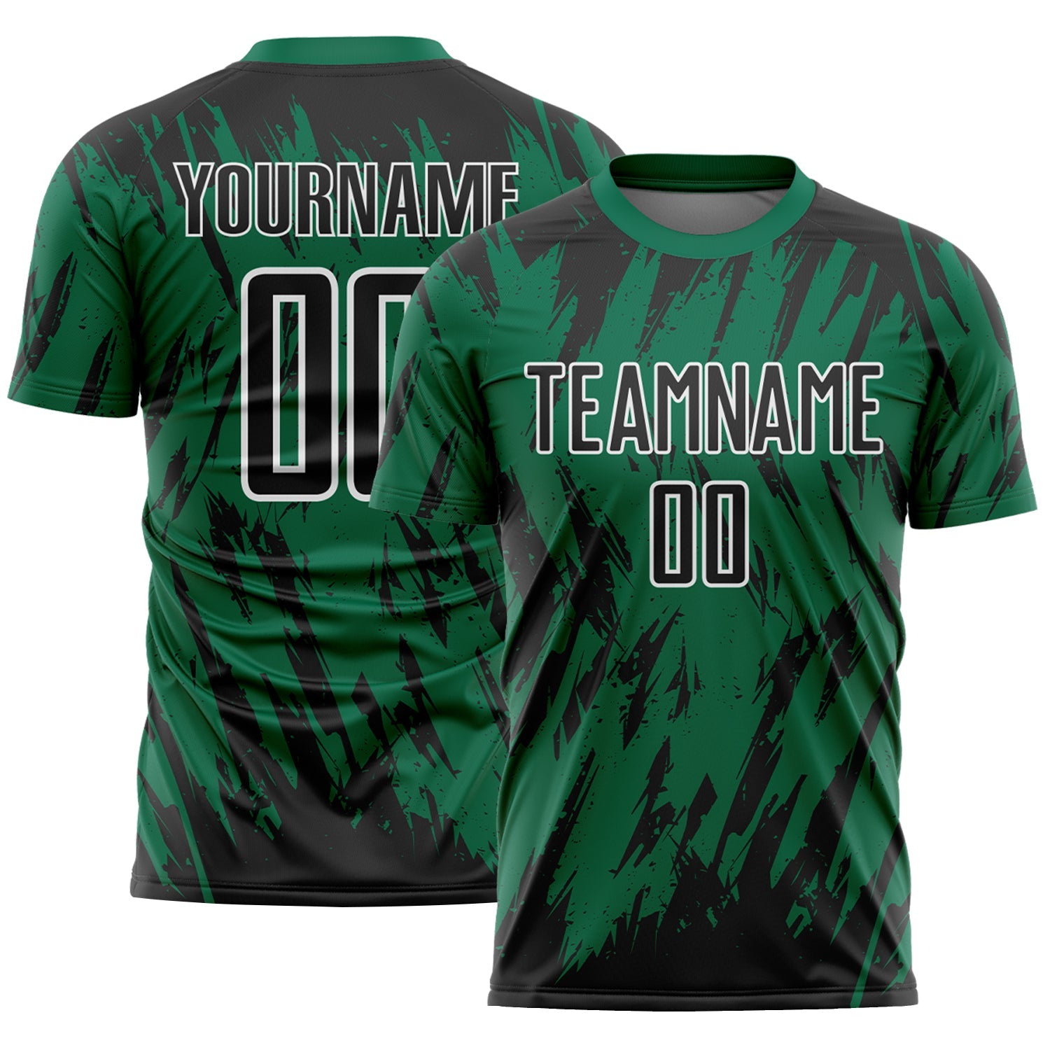 Custom Kelly Green Black-White Splatter Torn Sharp Brush Stroke Sublimation Soccer Uniform Jersey - Main View