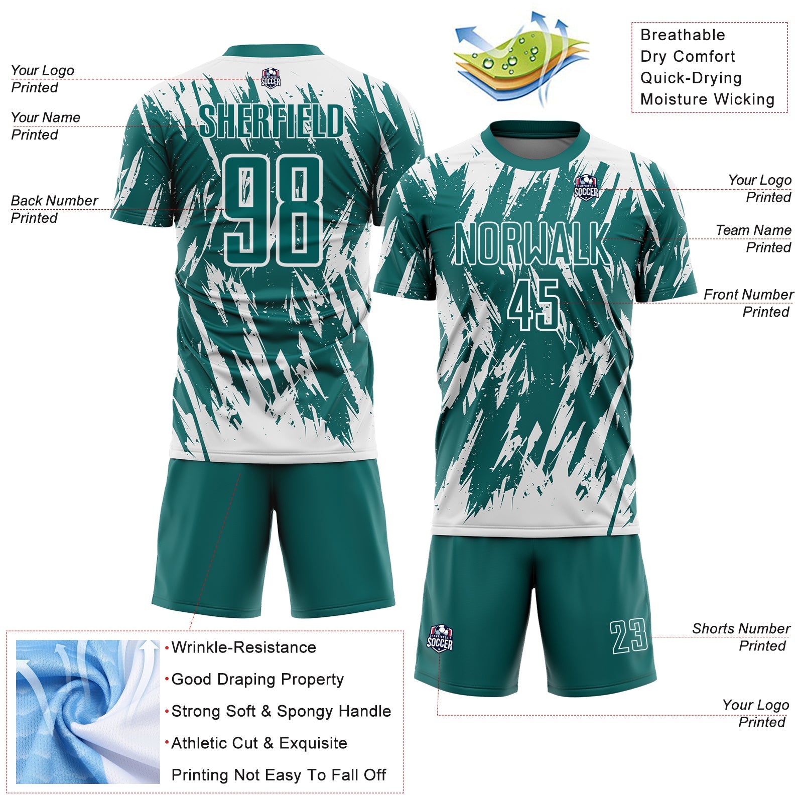 Custom Teal-White Splatter Torn Sharp Brush Stroke Sublimation Soccer Uniform Jersey view 4