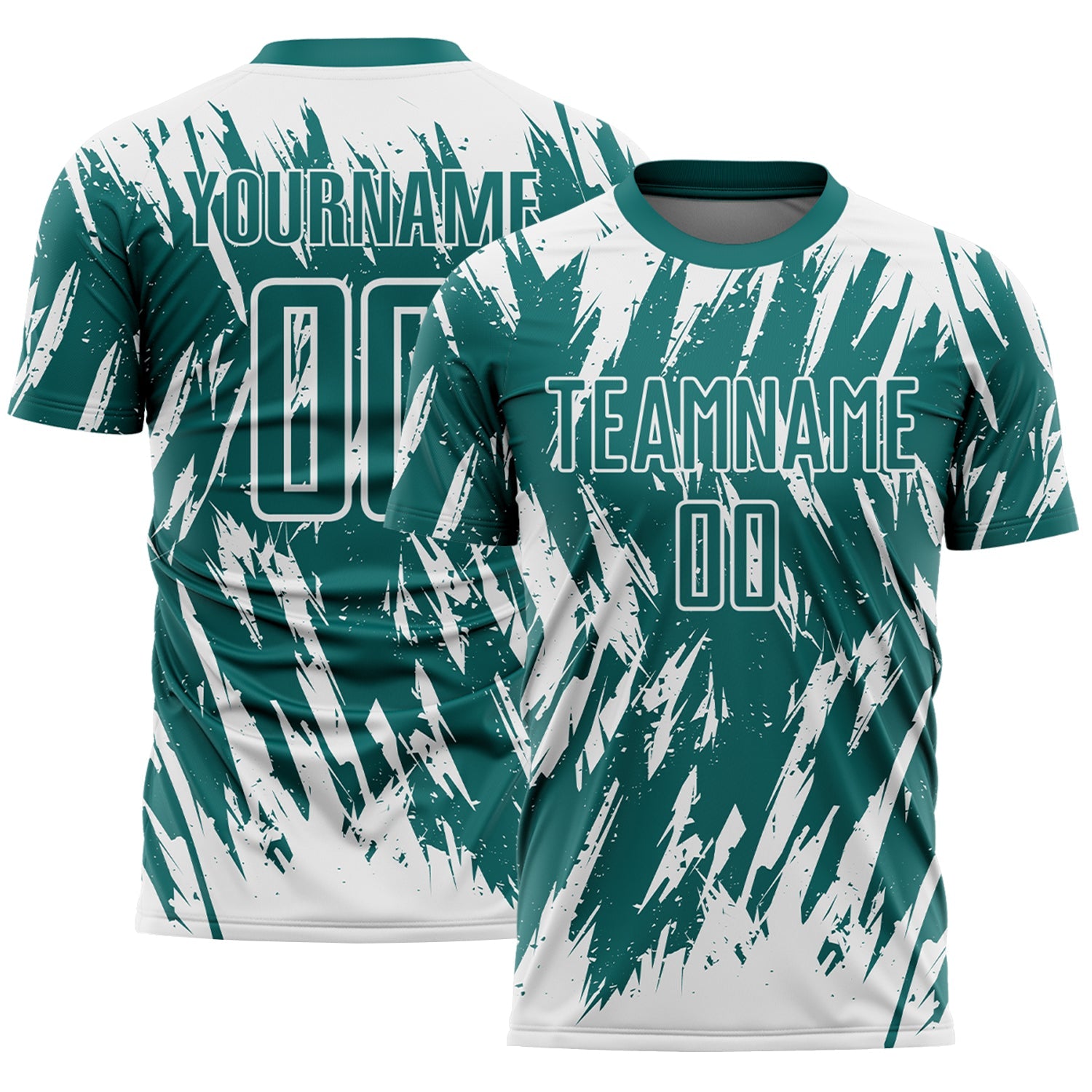 Custom Teal-White Splatter Torn Sharp Brush Stroke Sublimation Soccer Uniform Jersey - Main View