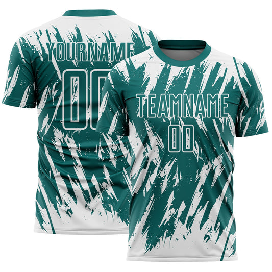 Custom Teal-White Splatter Torn Sharp Brush Stroke Sublimation Soccer Uniform Jersey - Main View