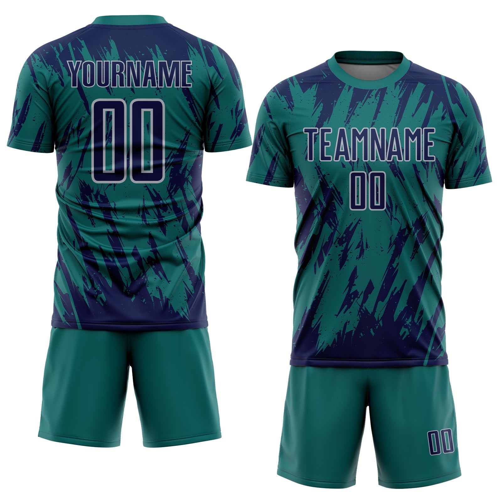 Custom Teal Navy-Gray Splatter Torn Sharp Brush Stroke Sublimation Soccer Uniform Jersey view 2