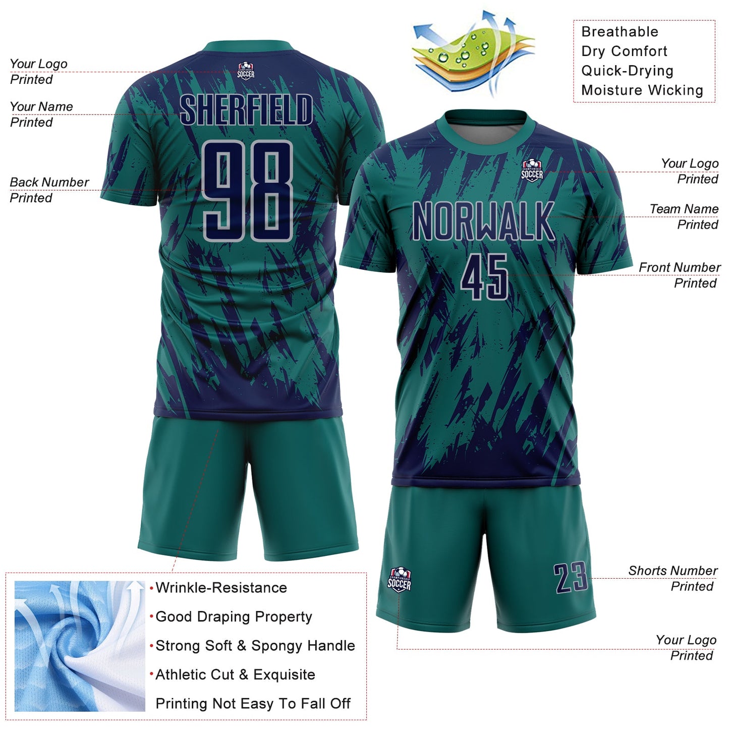 Custom Teal Navy-Gray Splatter Torn Sharp Brush Stroke Sublimation Soccer Uniform Jersey view 4