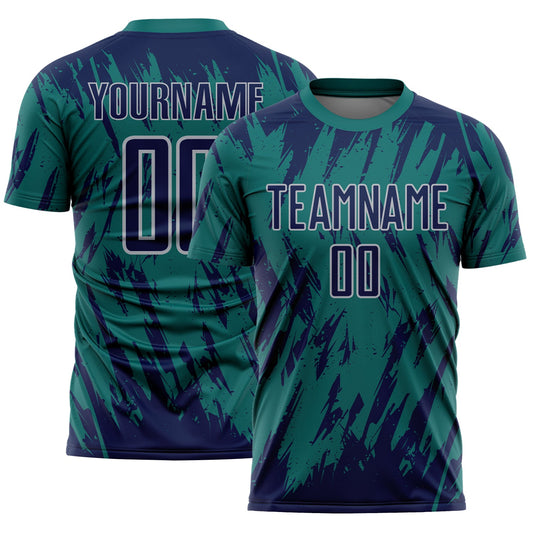Custom Teal Navy-Gray Splatter Torn Sharp Brush Stroke Sublimation Soccer Uniform Jersey - Main View
