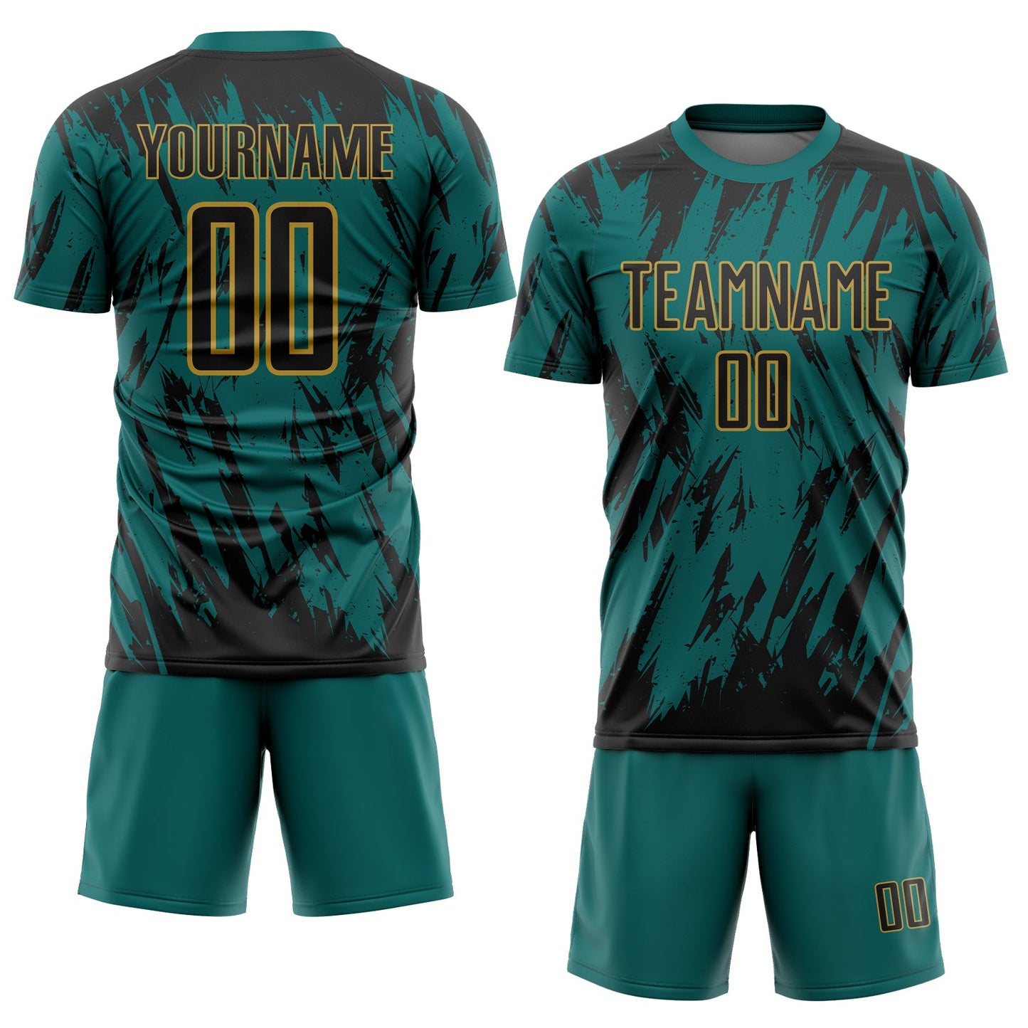 Custom Teal Black-Old Gold Splatter Torn Sharp Brush Stroke Sublimation Soccer Uniform Jersey view 2