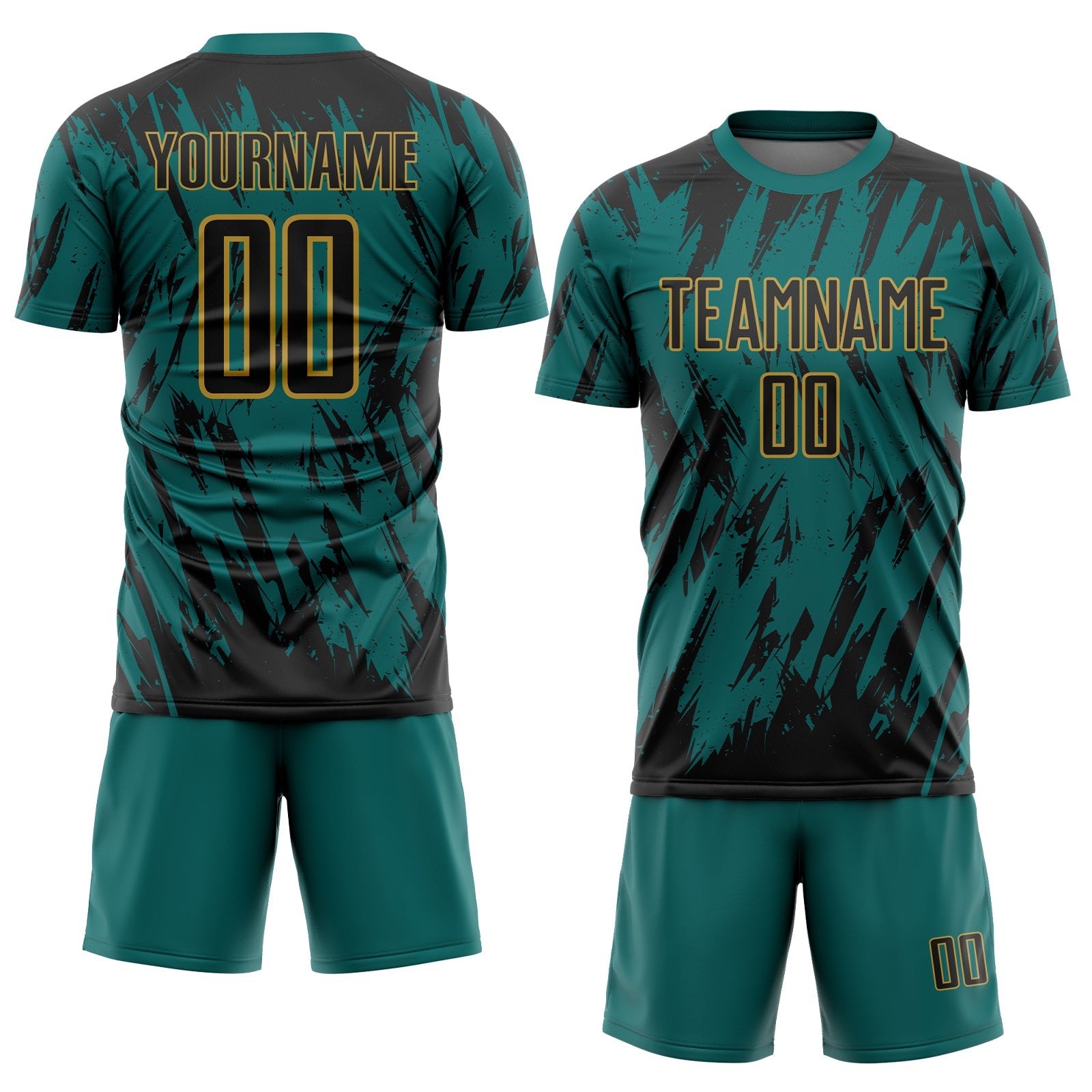 Custom Teal Black-Old Gold Splatter Torn Sharp Brush Stroke Sublimation Soccer Uniform Jersey view 2