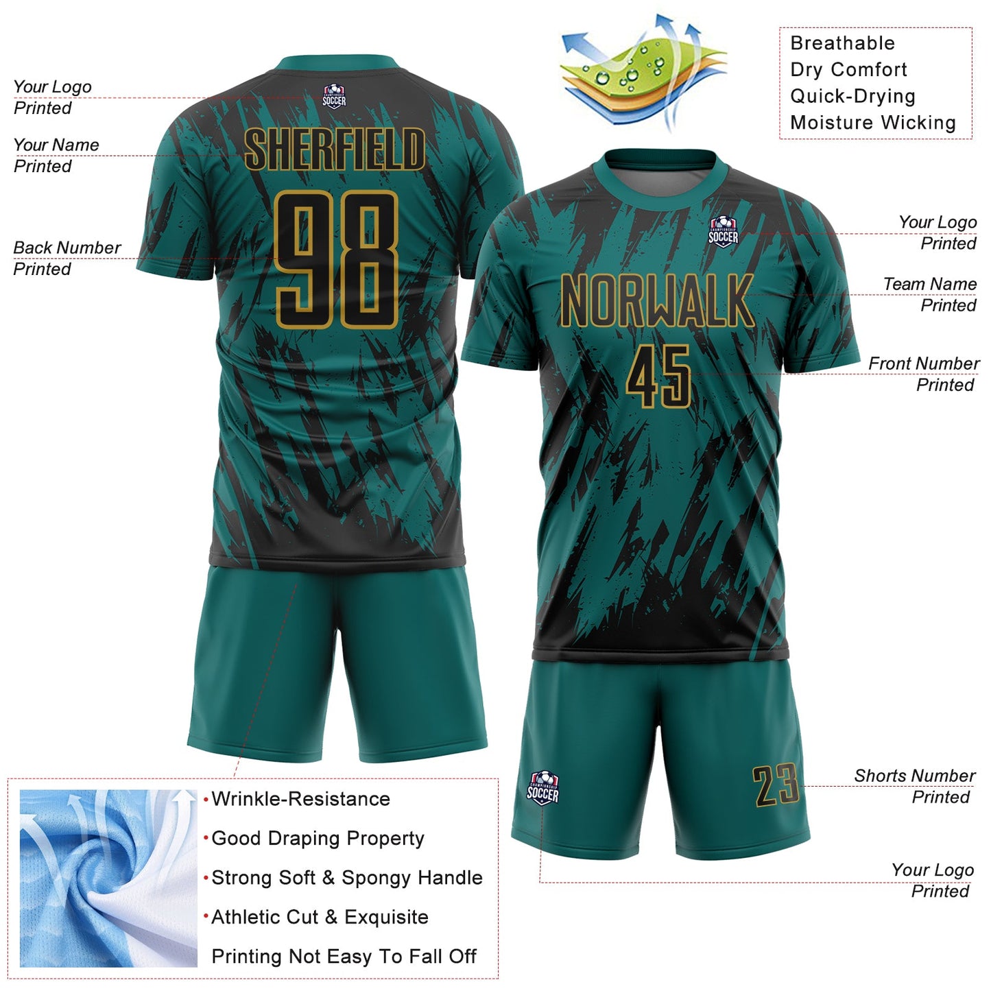 Custom Teal Black-Old Gold Splatter Torn Sharp Brush Stroke Sublimation Soccer Uniform Jersey view 4