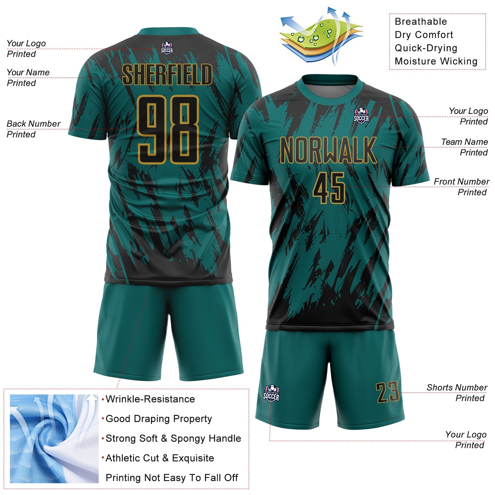 Custom Teal Black-Old Gold Splatter Torn Sharp Brush Stroke Sublimation Soccer Uniform Jersey view 4