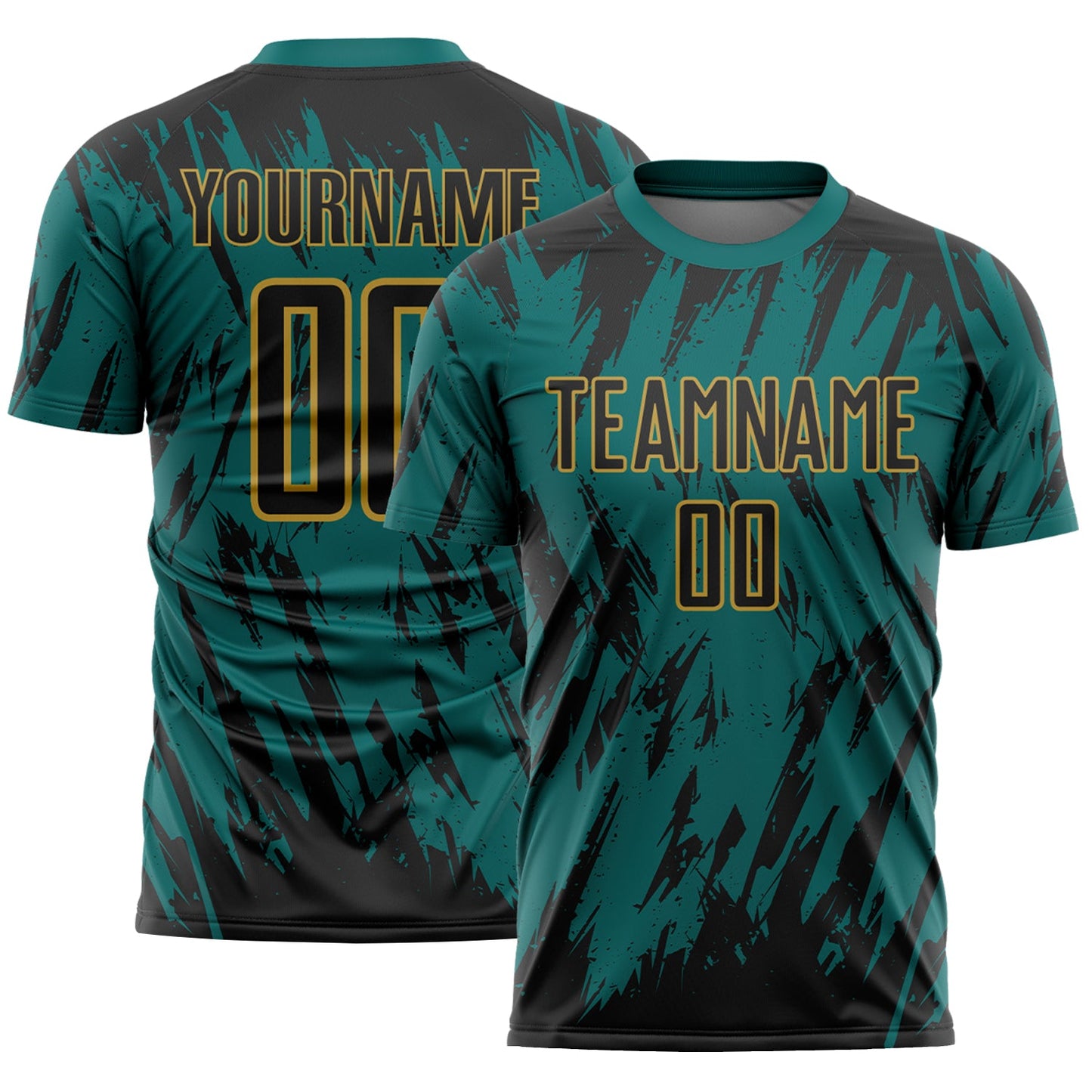 Custom Teal Black-Old Gold Splatter Torn Sharp Brush Stroke Sublimation Soccer Uniform Jersey - Main View