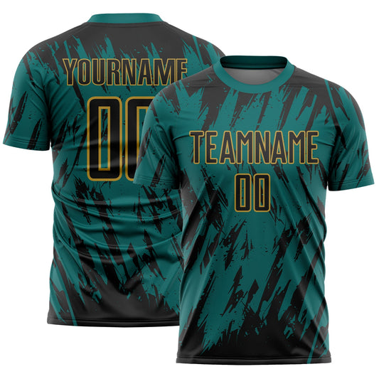 Custom Teal Black-Old Gold Splatter Torn Sharp Brush Stroke Sublimation Soccer Uniform Jersey - Main View
