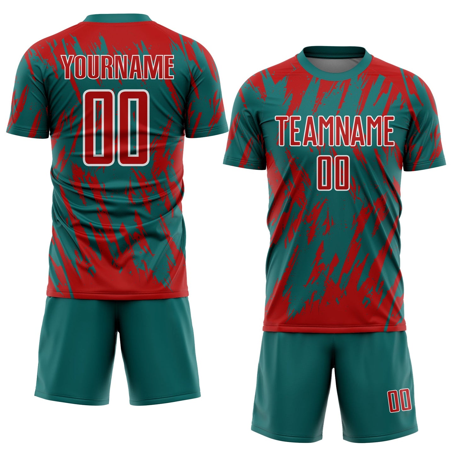 Custom Teal Red-White Splatter Torn Sharp Brush Stroke Sublimation Soccer Uniform Jersey view 2