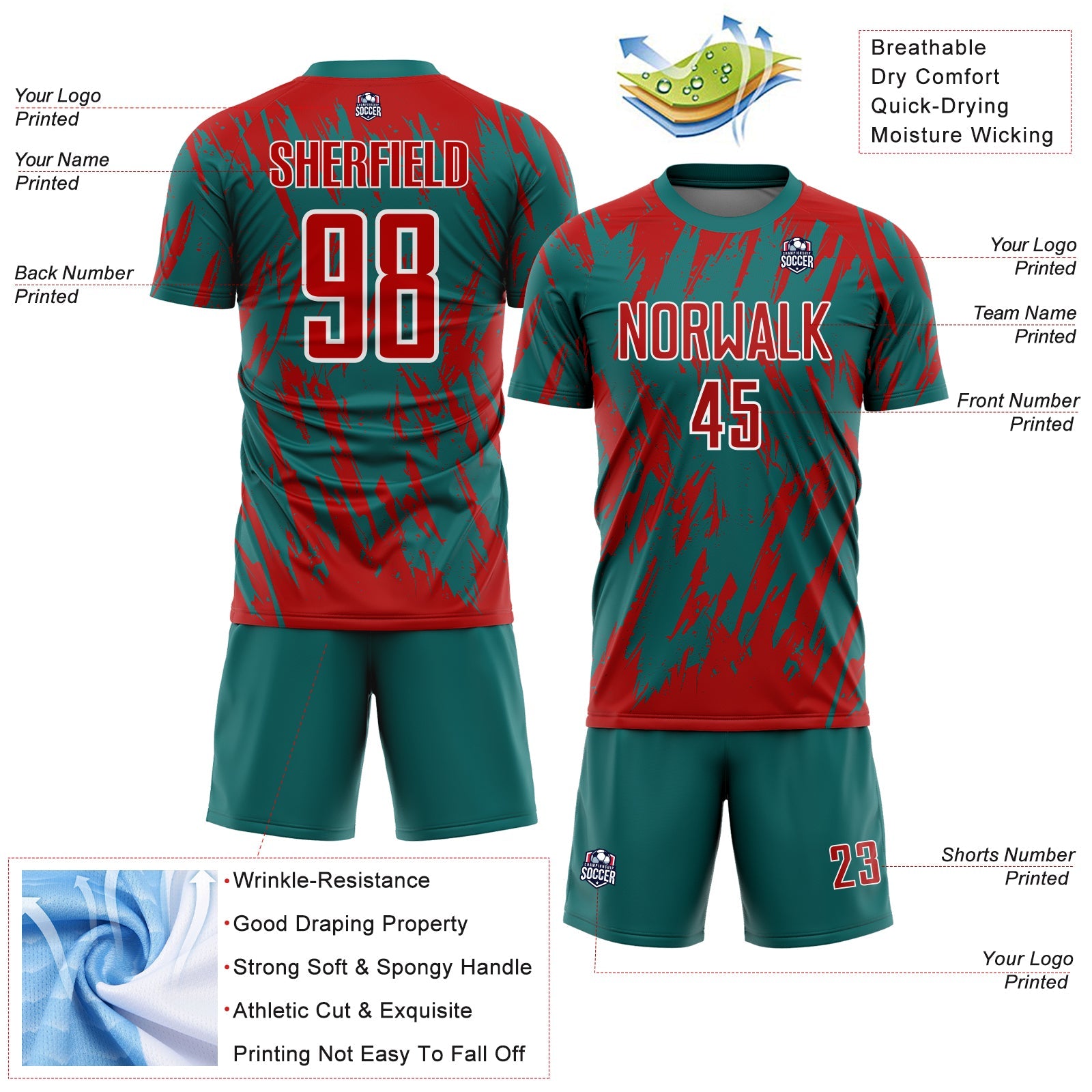 Custom Teal Red-White Splatter Torn Sharp Brush Stroke Sublimation Soccer Uniform Jersey view 4