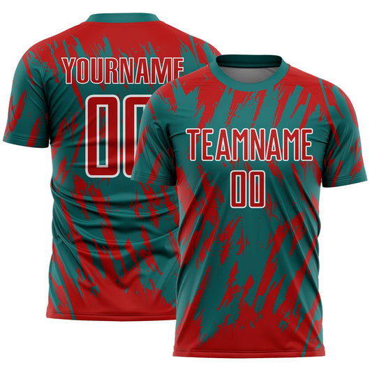 Custom Teal Red-White Splatter Torn Sharp Brush Stroke Sublimation Soccer Uniform Jersey - Main View