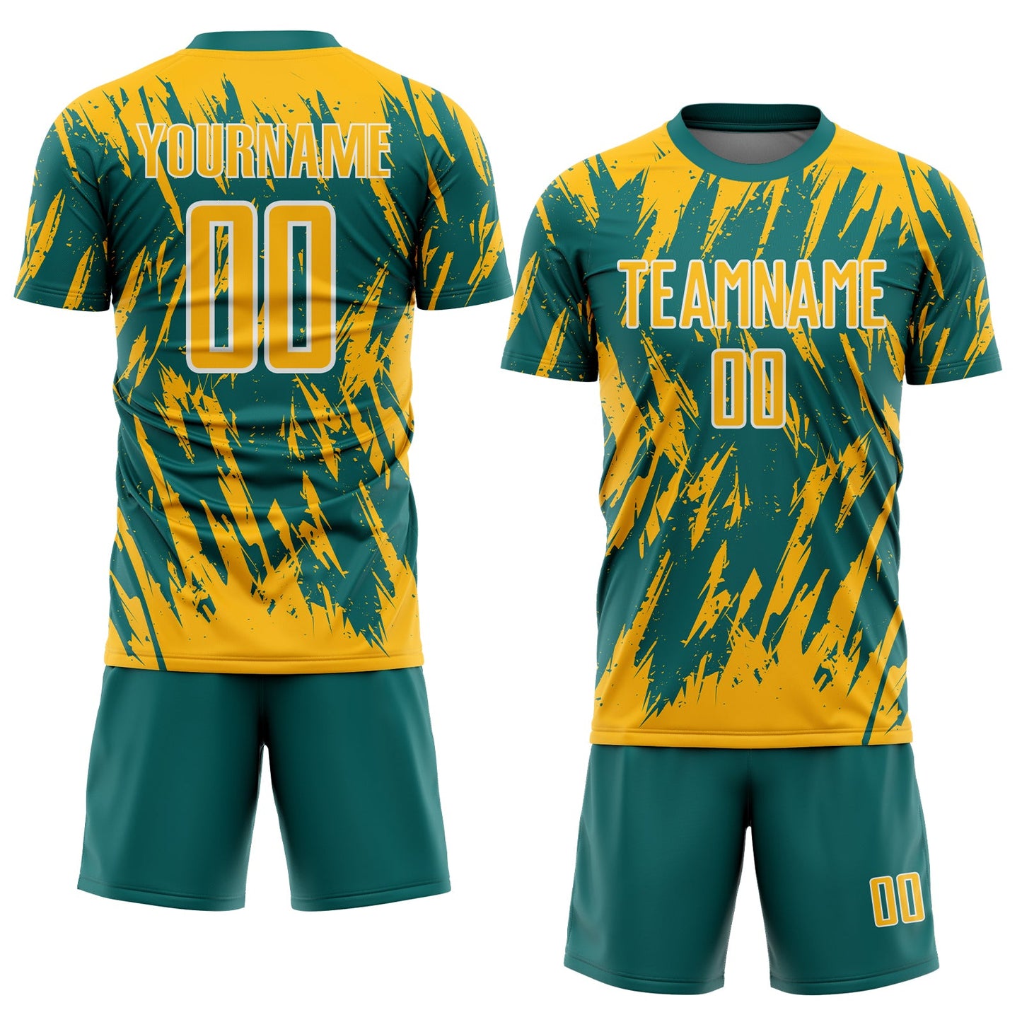 Custom Teal Gold-White Splatter Torn Sharp Brush Stroke Sublimation Soccer Uniform Jersey view 2