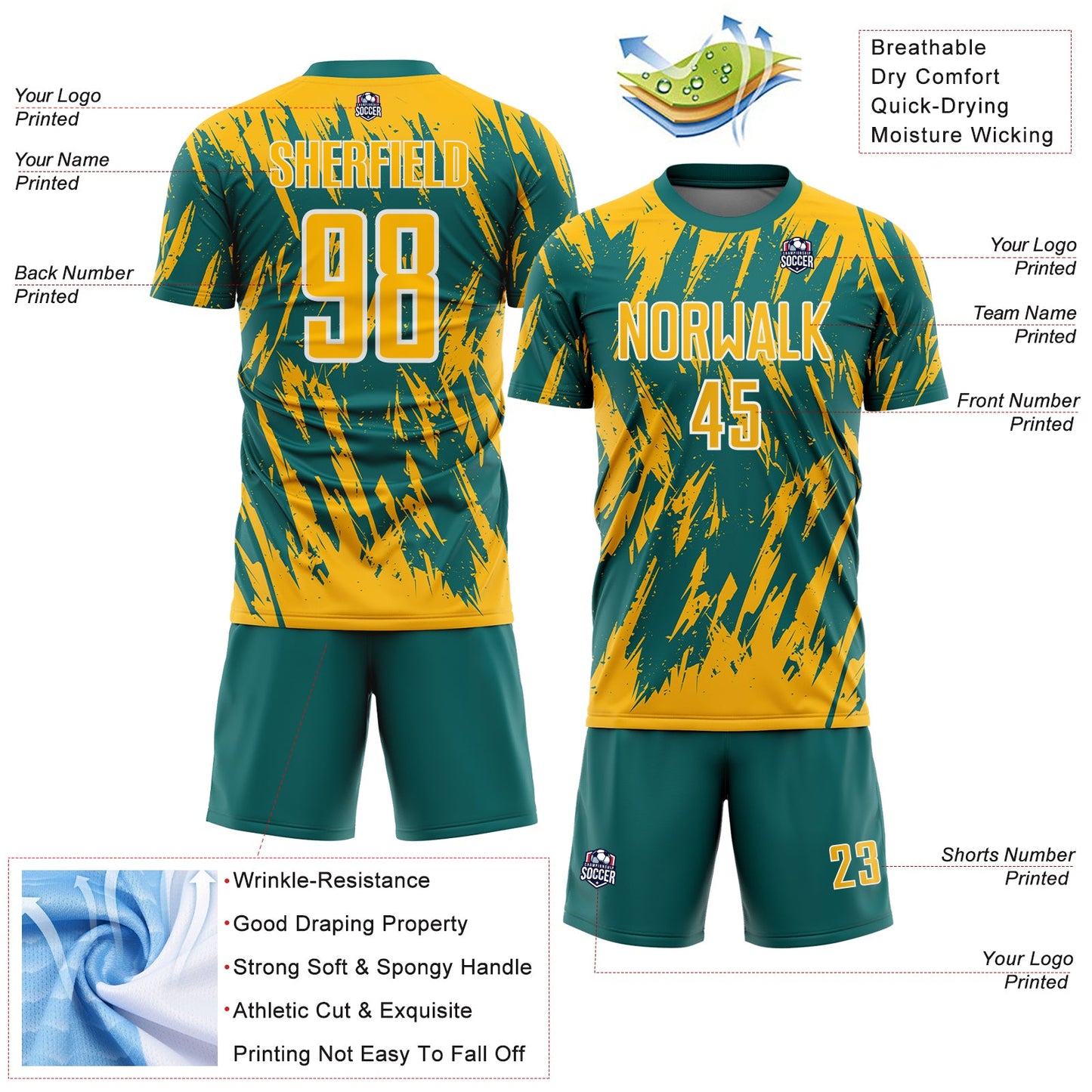 Custom Teal Gold-White Splatter Torn Sharp Brush Stroke Sublimation Soccer Uniform Jersey view 4