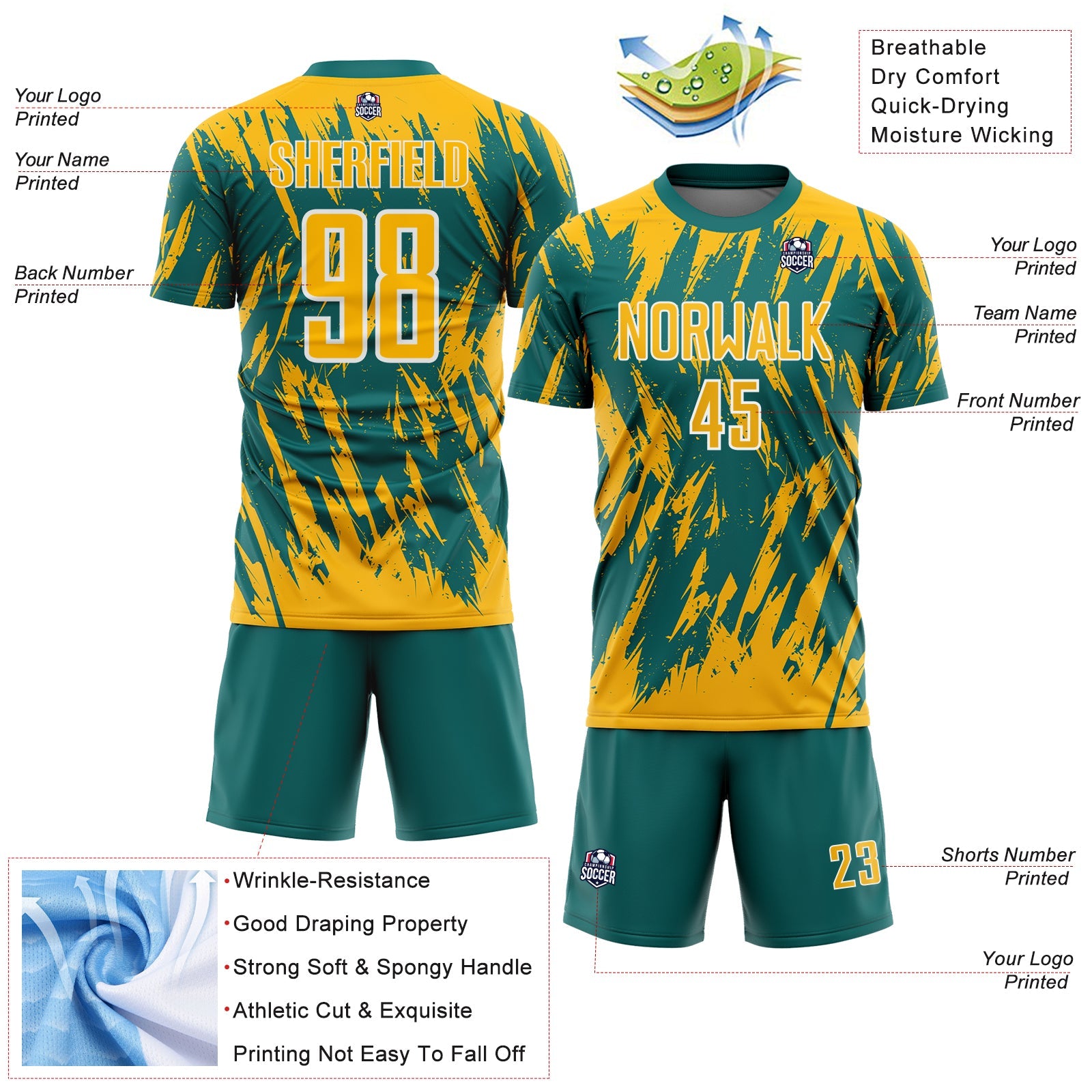 Custom Teal Gold-White Splatter Torn Sharp Brush Stroke Sublimation Soccer Uniform Jersey view 4