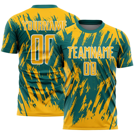 Custom Teal Gold-White Splatter Torn Sharp Brush Stroke Sublimation Soccer Uniform Jersey - Main View