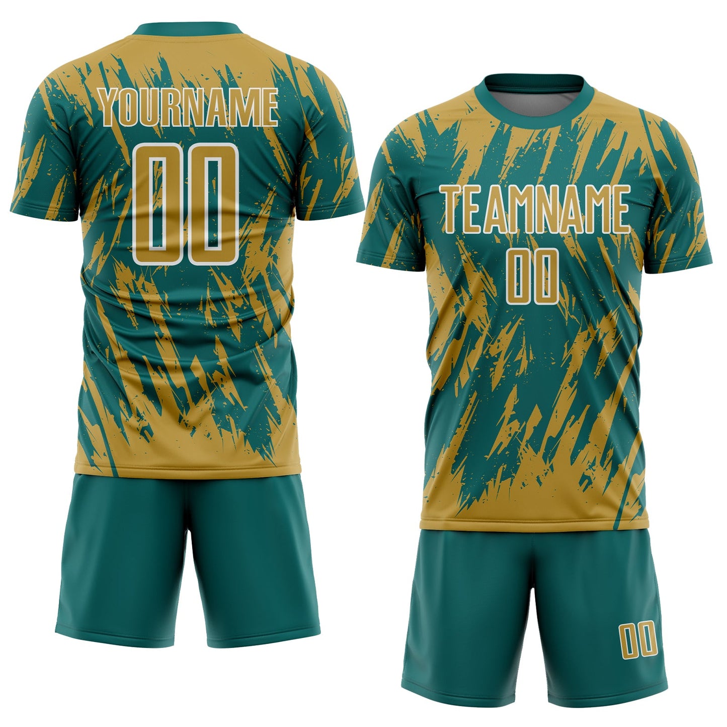 Custom Teal Old Gold-White Splatter Torn Sharp Brush Stroke Sublimation Soccer Uniform Jersey view 2