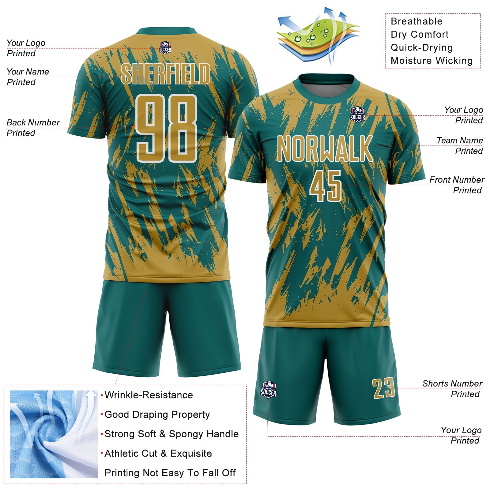 Custom Teal Old Gold-White Splatter Torn Sharp Brush Stroke Sublimation Soccer Uniform Jersey view 4