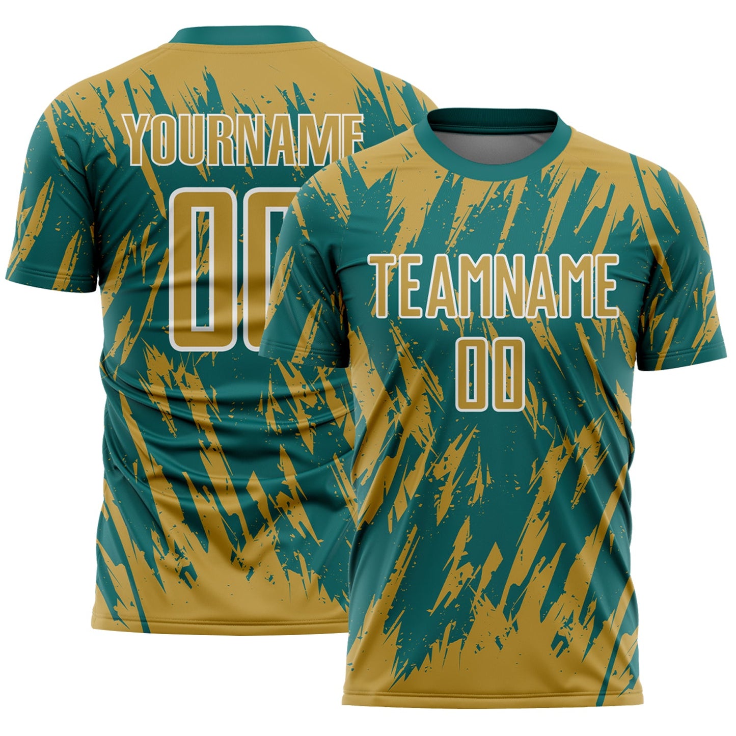 Custom Teal Old Gold-White Splatter Torn Sharp Brush Stroke Sublimation Soccer Uniform Jersey - Main View