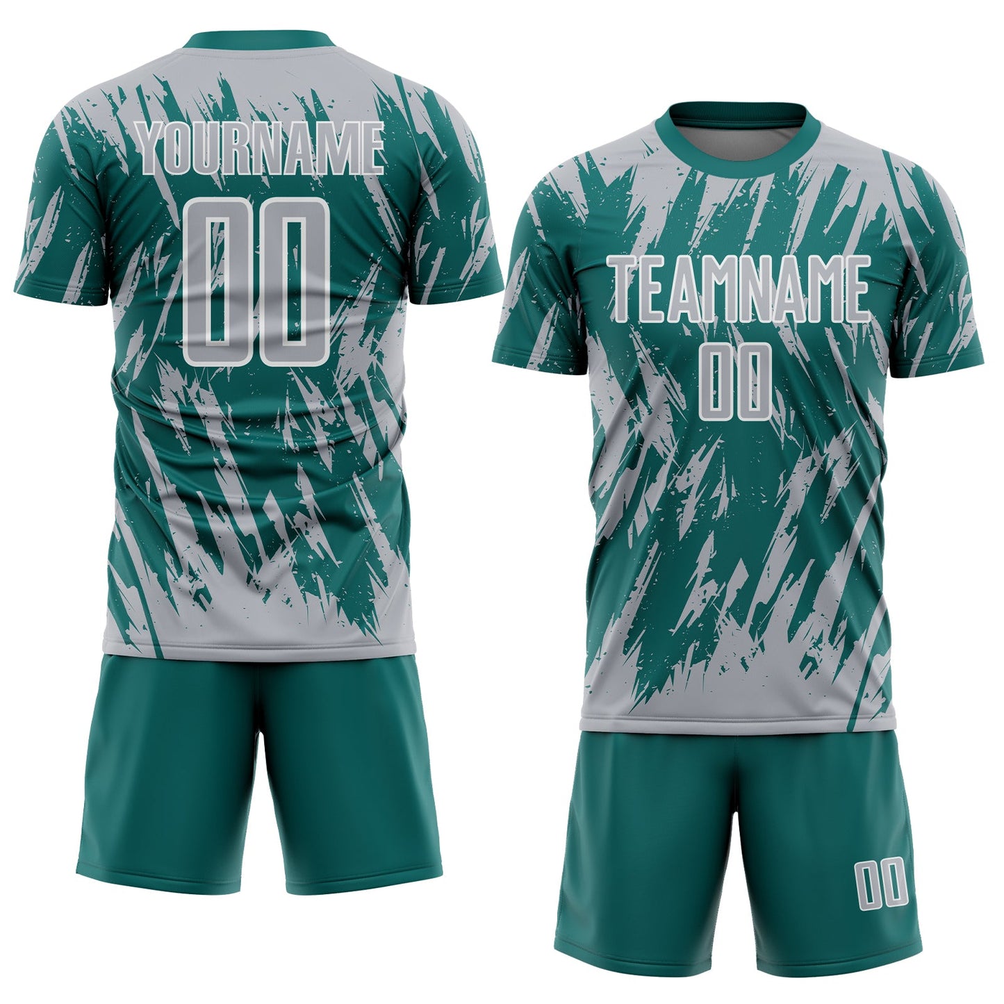 Custom Teal Gray-White Splatter Torn Sharp Brush Stroke Sublimation Soccer Uniform Jersey view 2