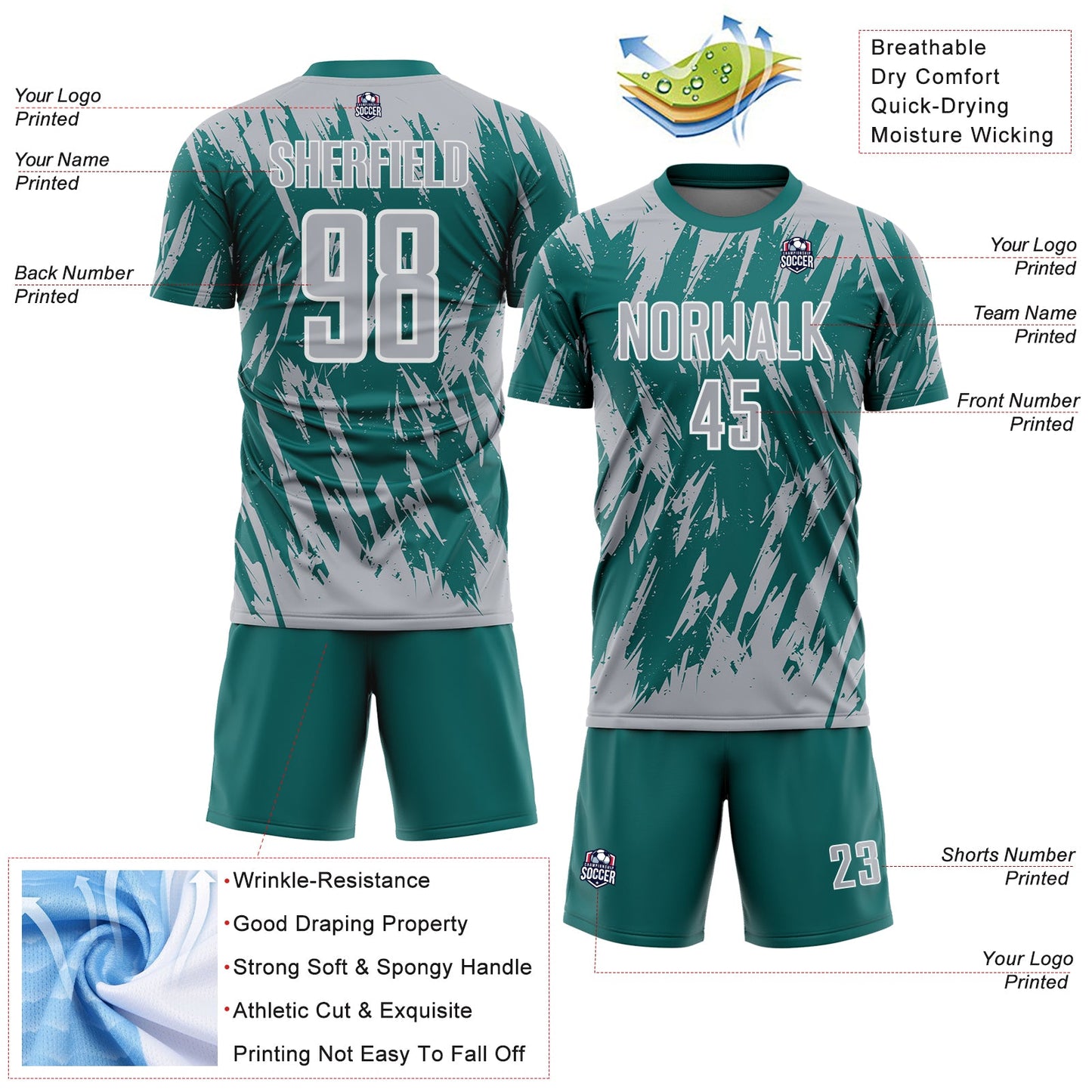 Custom Teal Gray-White Splatter Torn Sharp Brush Stroke Sublimation Soccer Uniform Jersey view 4