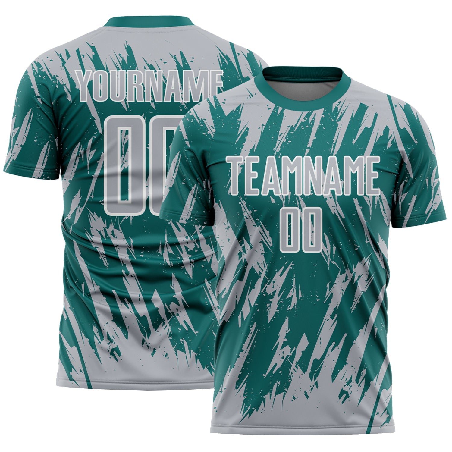 Custom Teal Gray-White Splatter Torn Sharp Brush Stroke Sublimation Soccer Uniform Jersey - Main View