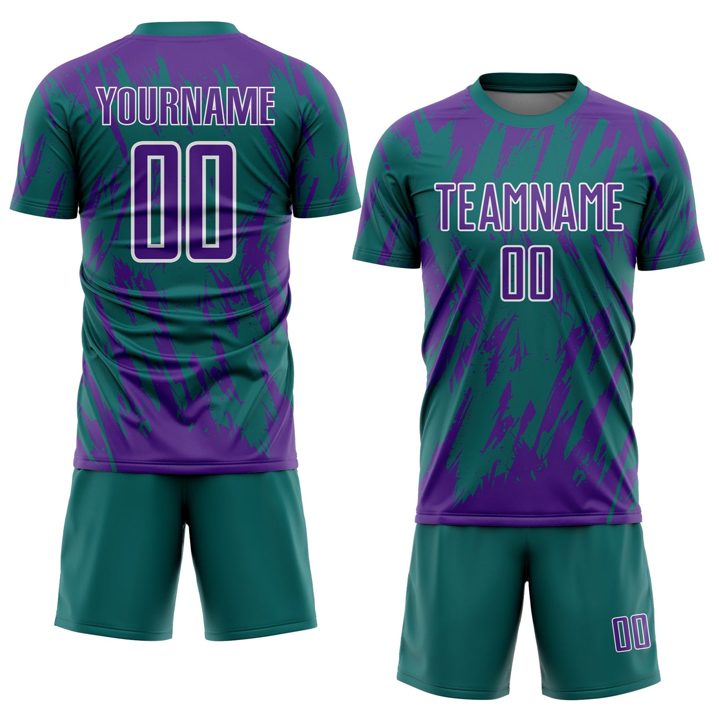 Custom Teal Purple-White Splatter Torn Sharp Brush Stroke Sublimation Soccer Uniform Jersey view 2