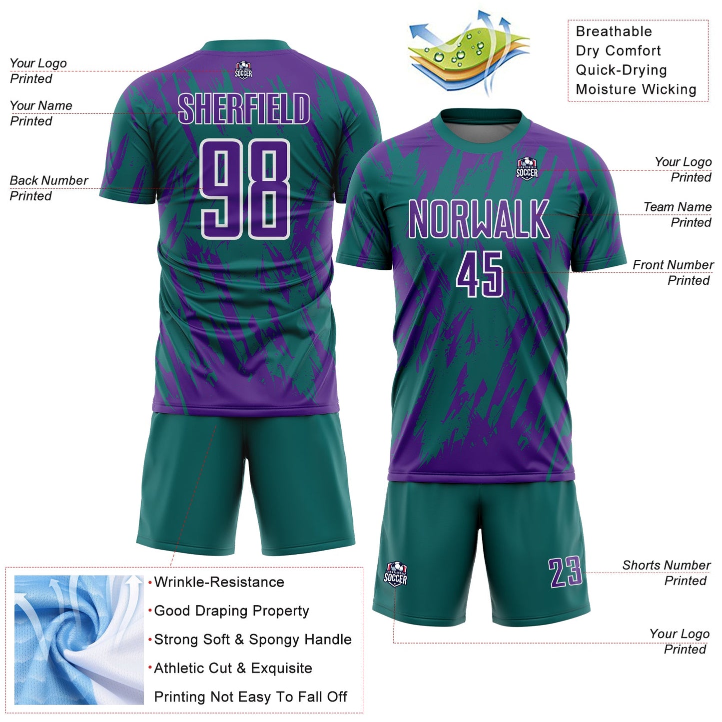 Custom Teal Purple-White Splatter Torn Sharp Brush Stroke Sublimation Soccer Uniform Jersey view 4