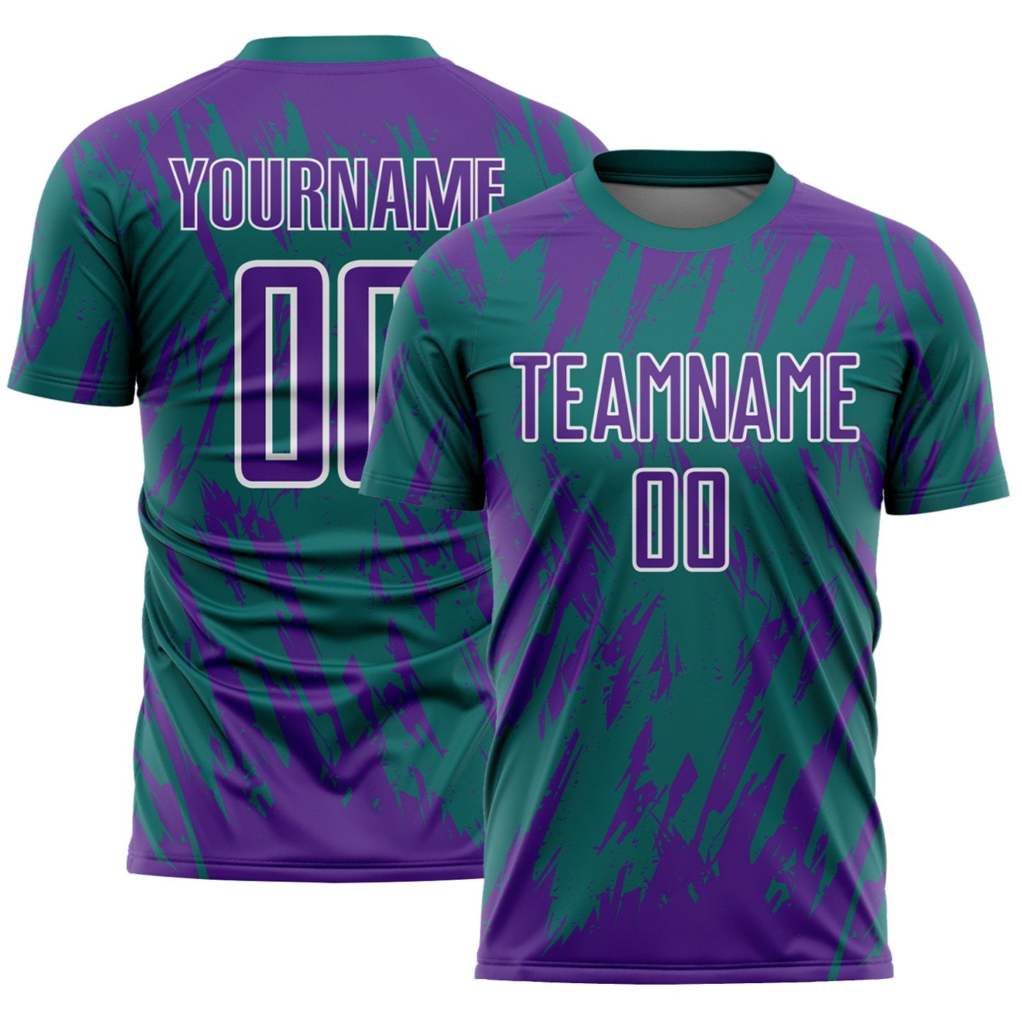 Custom Teal Purple-White Splatter Torn Sharp Brush Stroke Sublimation Soccer Uniform Jersey - Main View