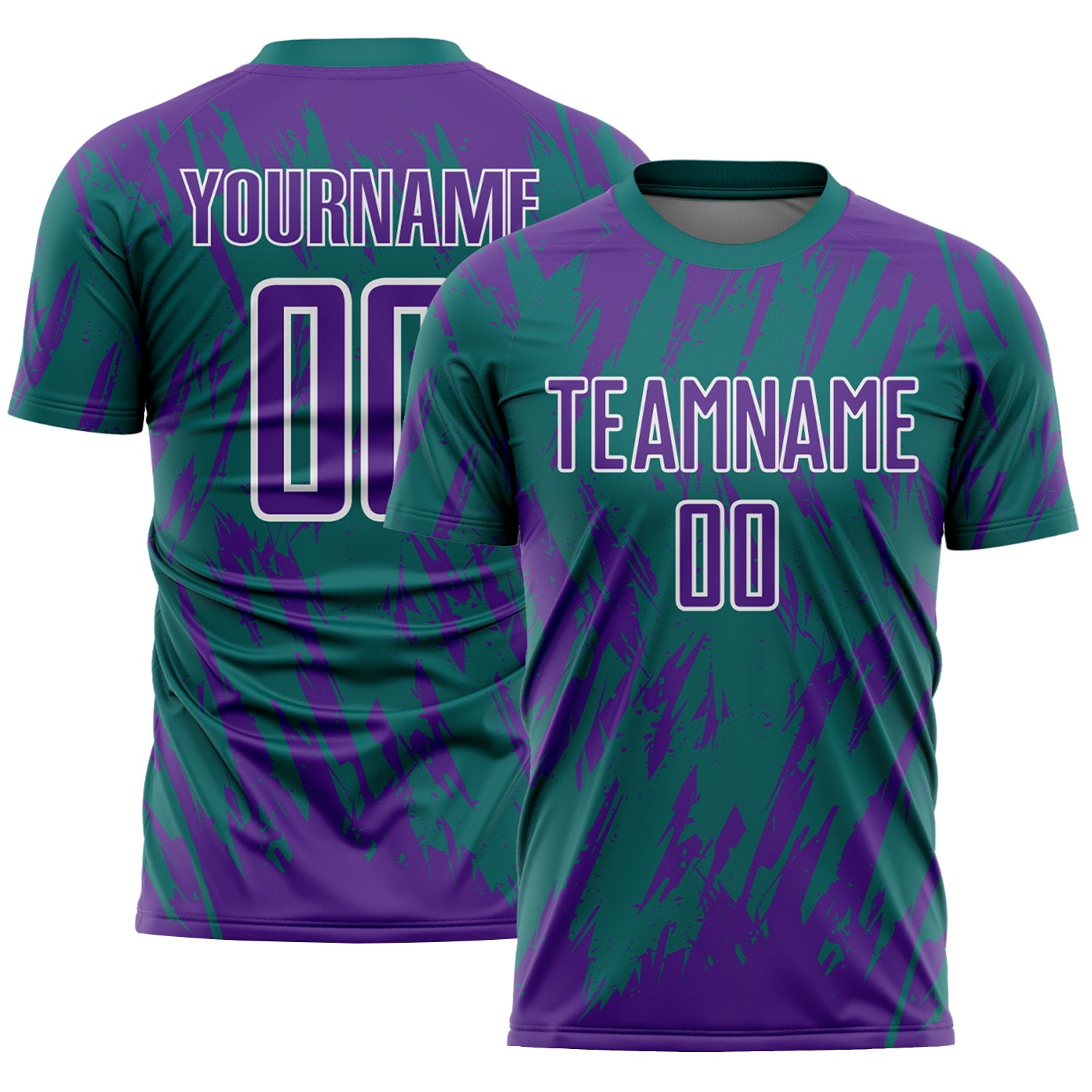 Custom Teal Purple-White Splatter Torn Sharp Brush Stroke Sublimation Soccer Uniform Jersey - Main View