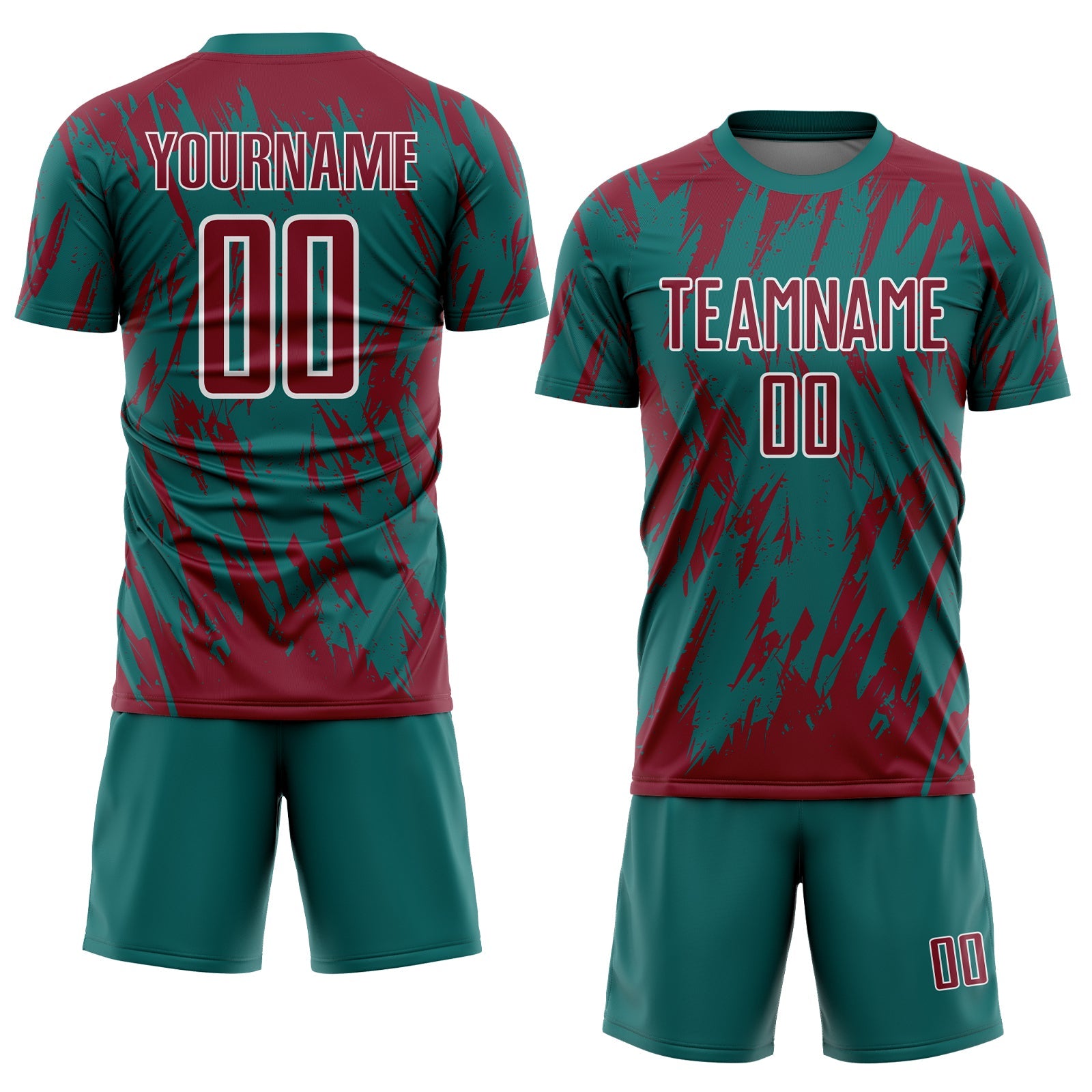Custom Teal Crimson-White Splatter Torn Sharp Brush Stroke Sublimation Soccer Uniform Jersey view 2