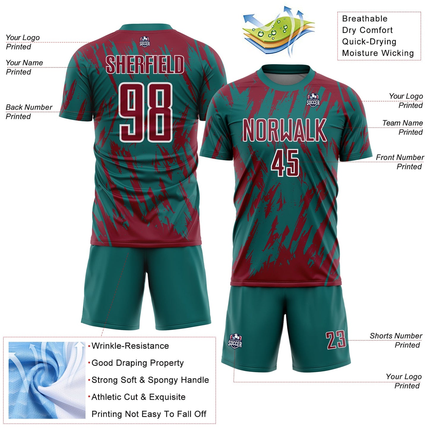 Custom Teal Crimson-White Splatter Torn Sharp Brush Stroke Sublimation Soccer Uniform Jersey view 4