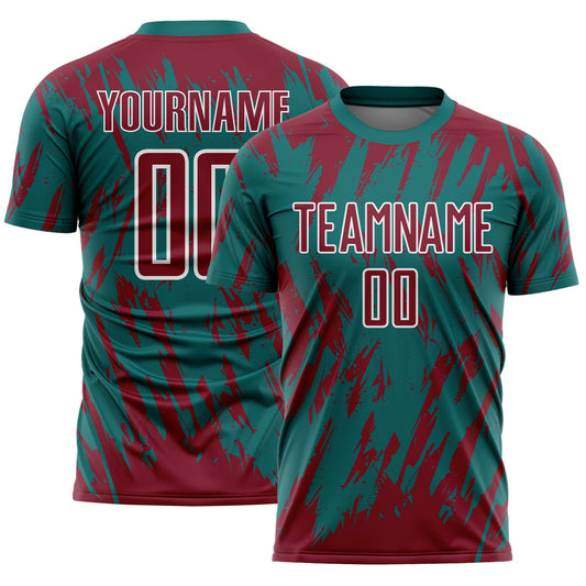 Custom Teal Crimson-White Splatter Torn Sharp Brush Stroke Sublimation Soccer Uniform Jersey - Main View