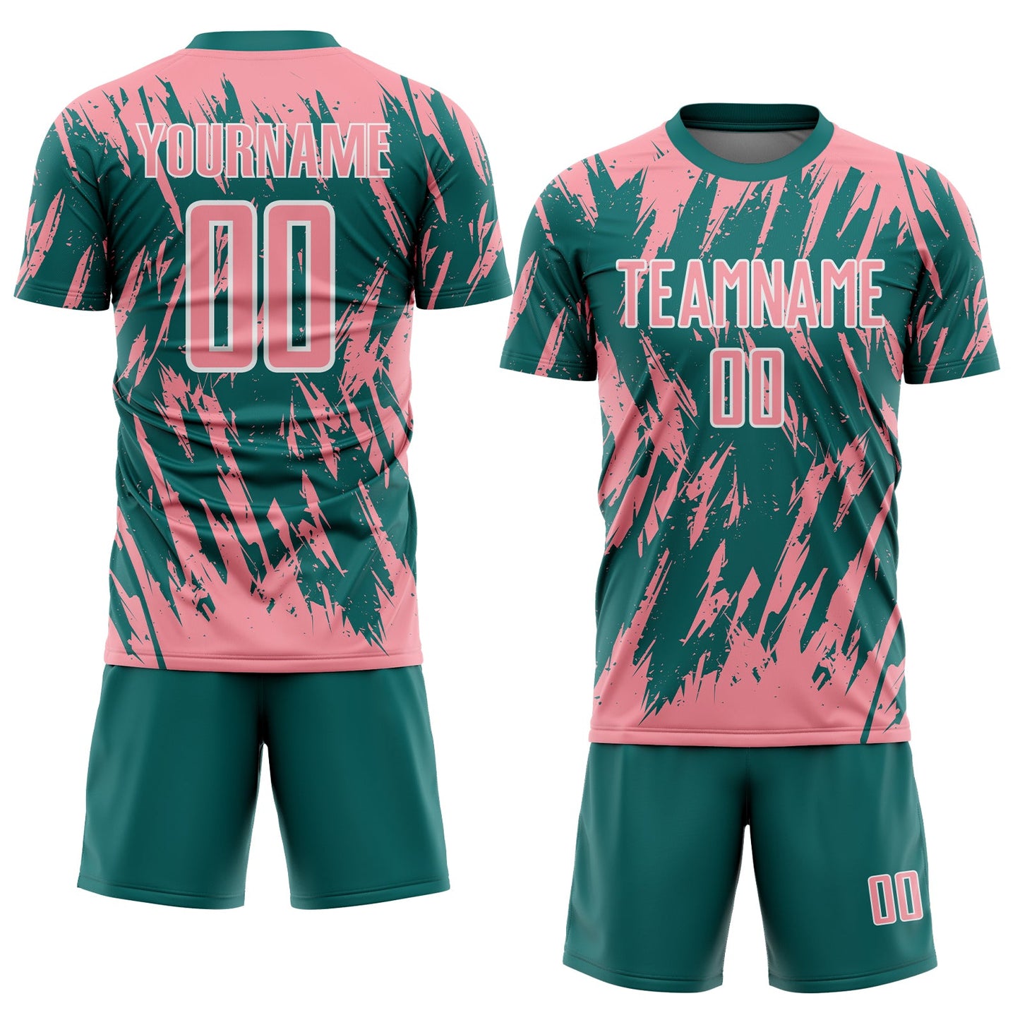 Custom Teal Medium Pink-White Splatter Torn Sharp Brush Stroke Sublimation Soccer Uniform Jersey view 2