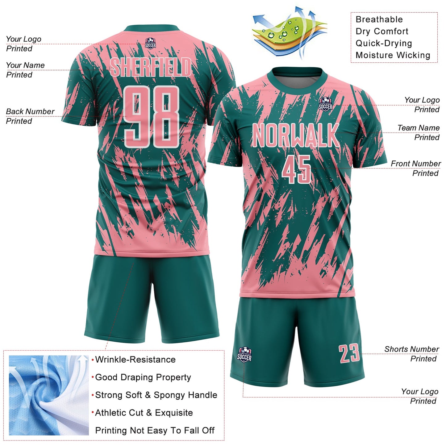 Custom Teal Medium Pink-White Splatter Torn Sharp Brush Stroke Sublimation Soccer Uniform Jersey view 4