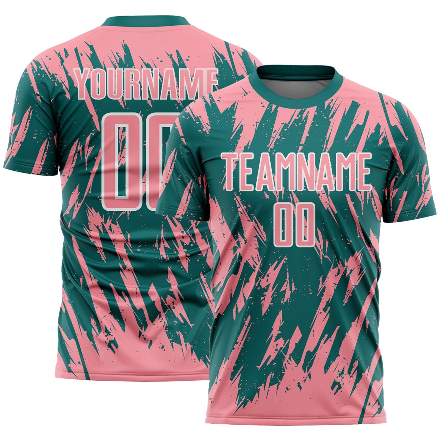 Custom Teal Medium Pink-White Splatter Torn Sharp Brush Stroke Sublimation Soccer Uniform Jersey - Main View