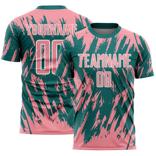 Custom Teal Medium Pink-White Splatter Torn Sharp Brush Stroke Sublimation Soccer Uniform Jersey - Main View