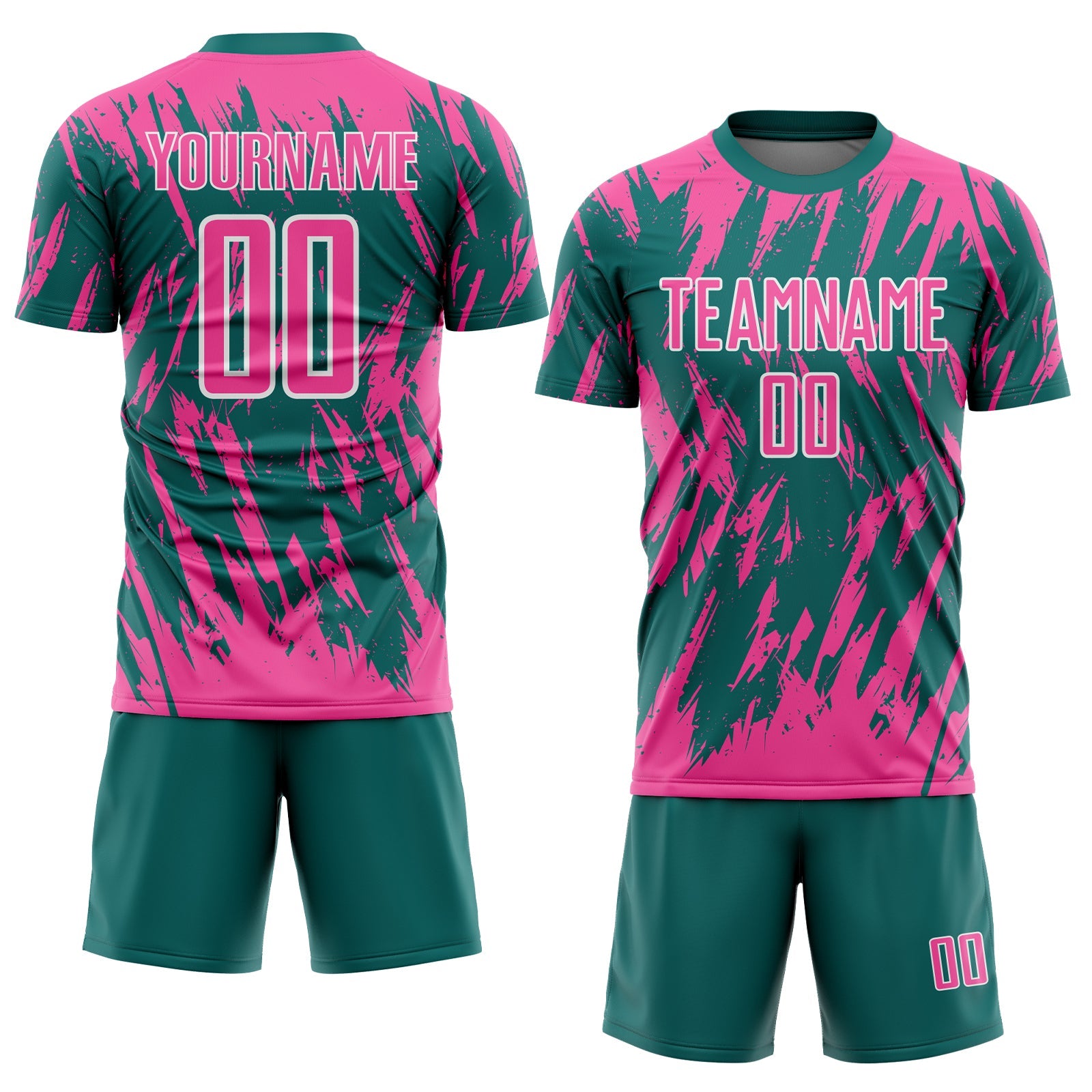 Custom Teal Pink-White Splatter Torn Sharp Brush Stroke Sublimation Soccer Uniform Jersey view 2